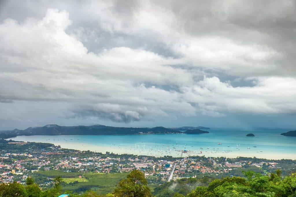 Drone view of rainy cloud over Phuket during low season in Thailand