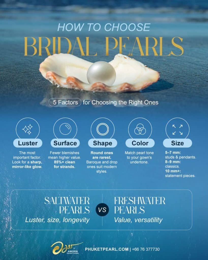 Infographic showing five pearl quality factors for bridal jewelry luster, surface, shape, color, and size.